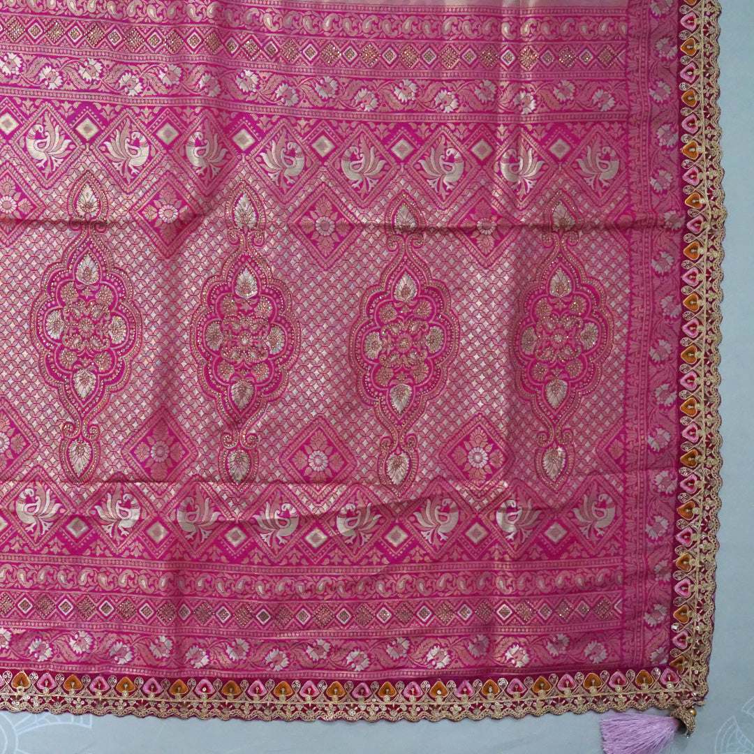 Royal lavender-pink Raj Virasat silk saree with floral motifs and zari works