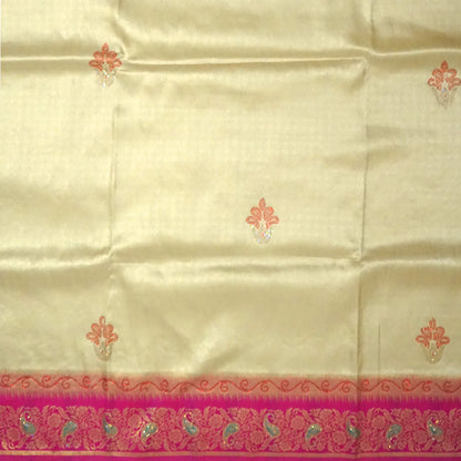 Silk Tulasi in Golden Beige Base with a Vibrant Pink border