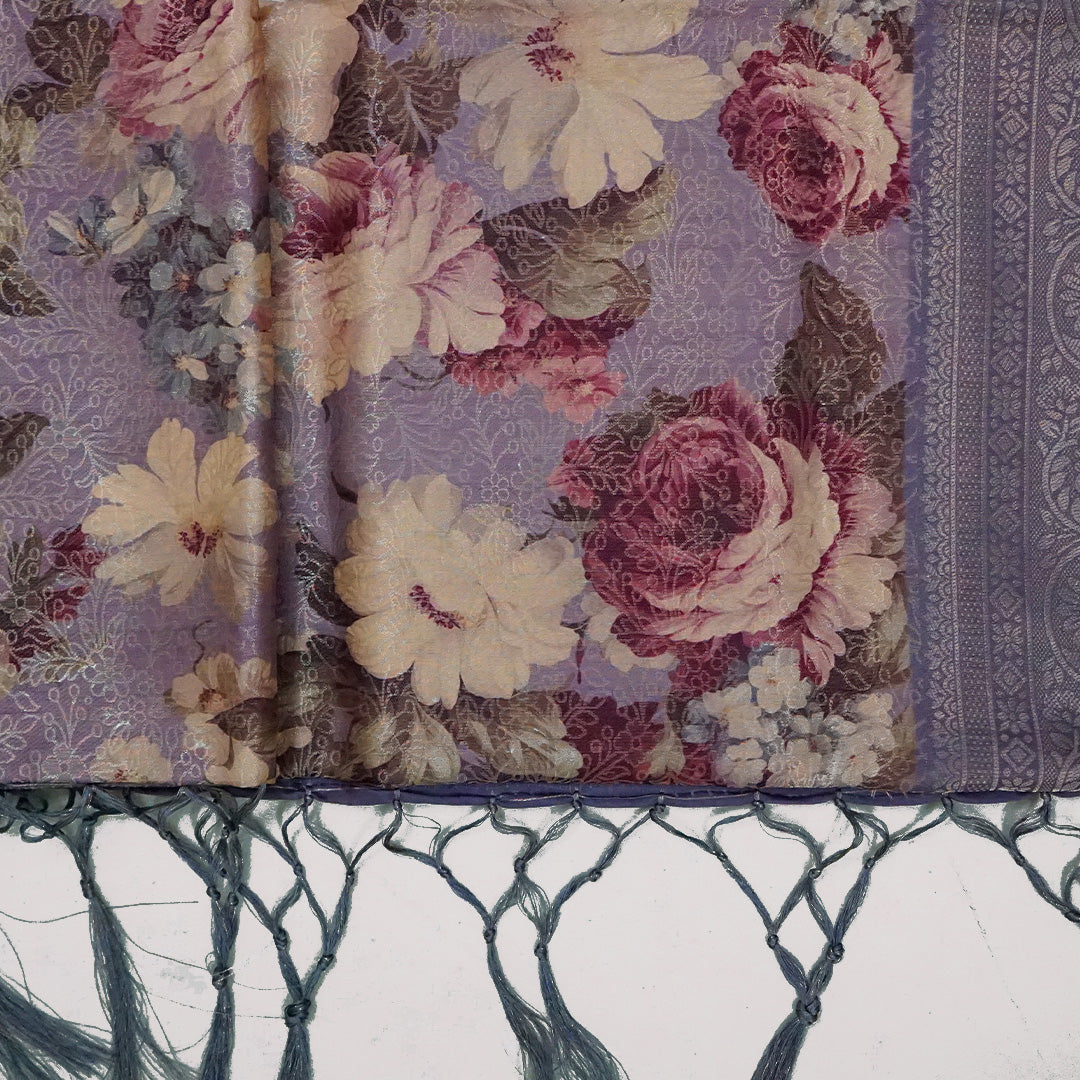 Silk Satin Soft lavender-grey shade with a floral pattern in hues of cream, beige, and deep mauve.
