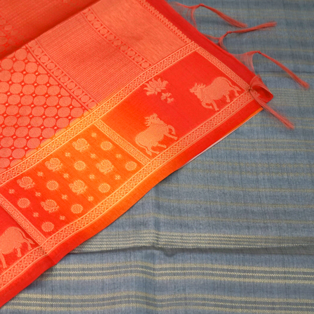 Subtle Grey Gokul Tussar with Red and Orange border.
