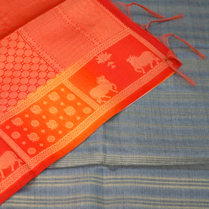 Subtle Grey Gokul Tussar with Red and Orange border.