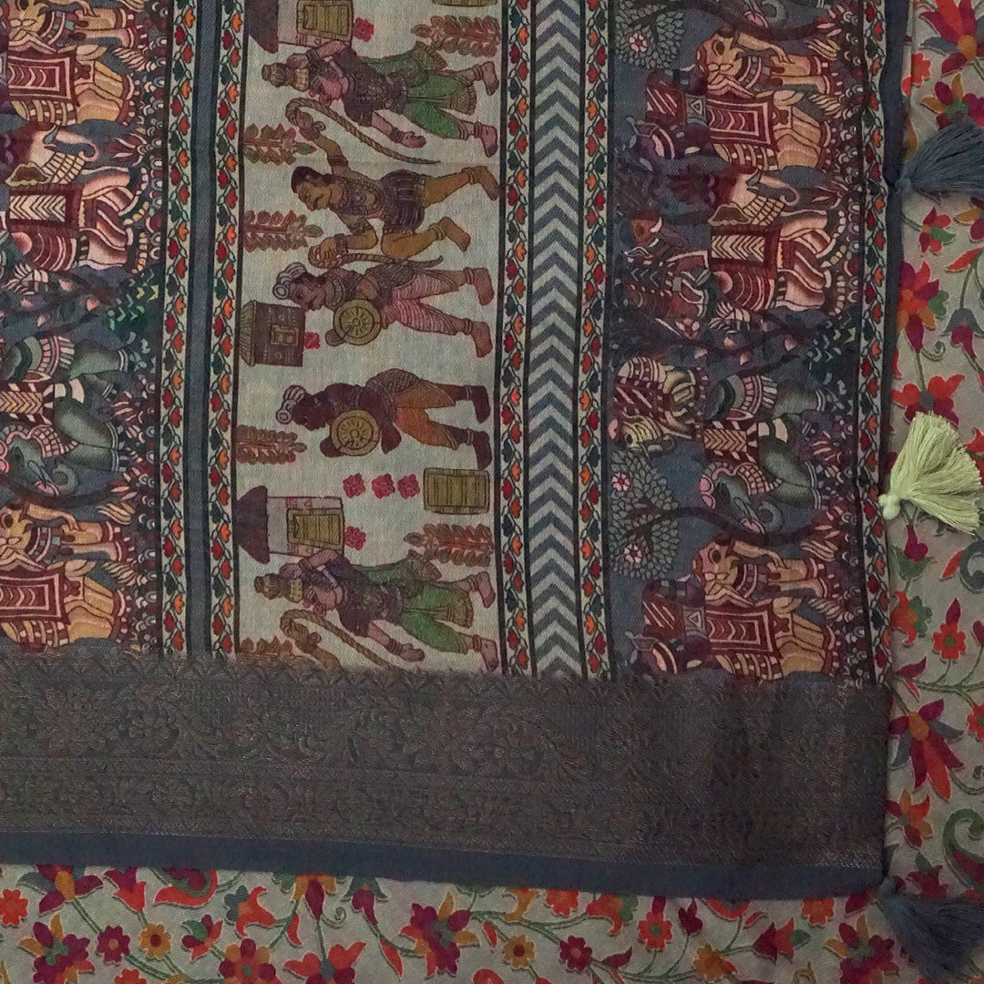 Kavya Loom in Charcoal - Grey Base with Kalamkari style prints