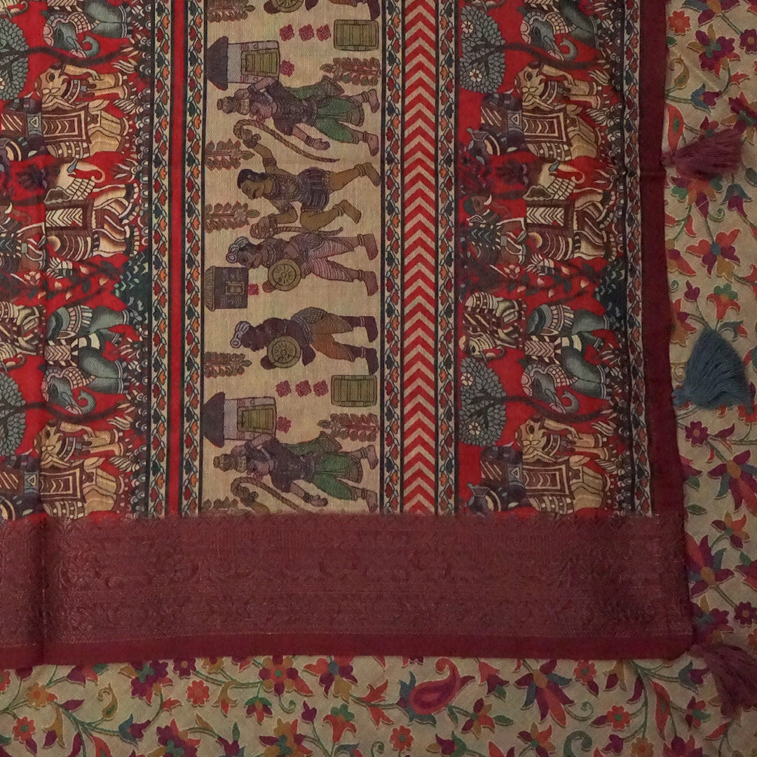 Kavya Loom in Deep Maroon Base with Kalamkari style prints