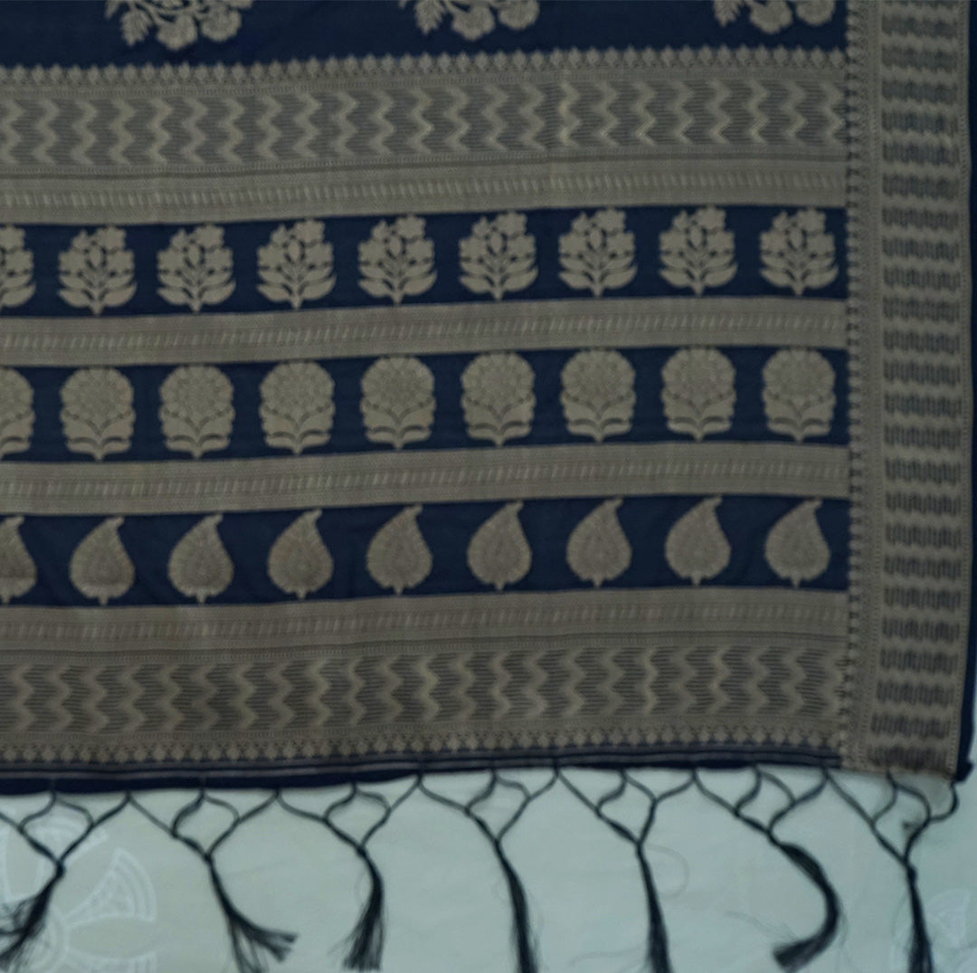 Neera Silk in Deep Navy Blue Base with Floral works
