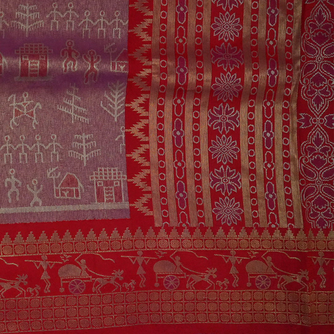 Crimson Red Stravi Silk with lavender - pink pallu and Gold Zari