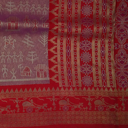 Crimson Red Stravi Silk with lavender - pink pallu and Gold Zari