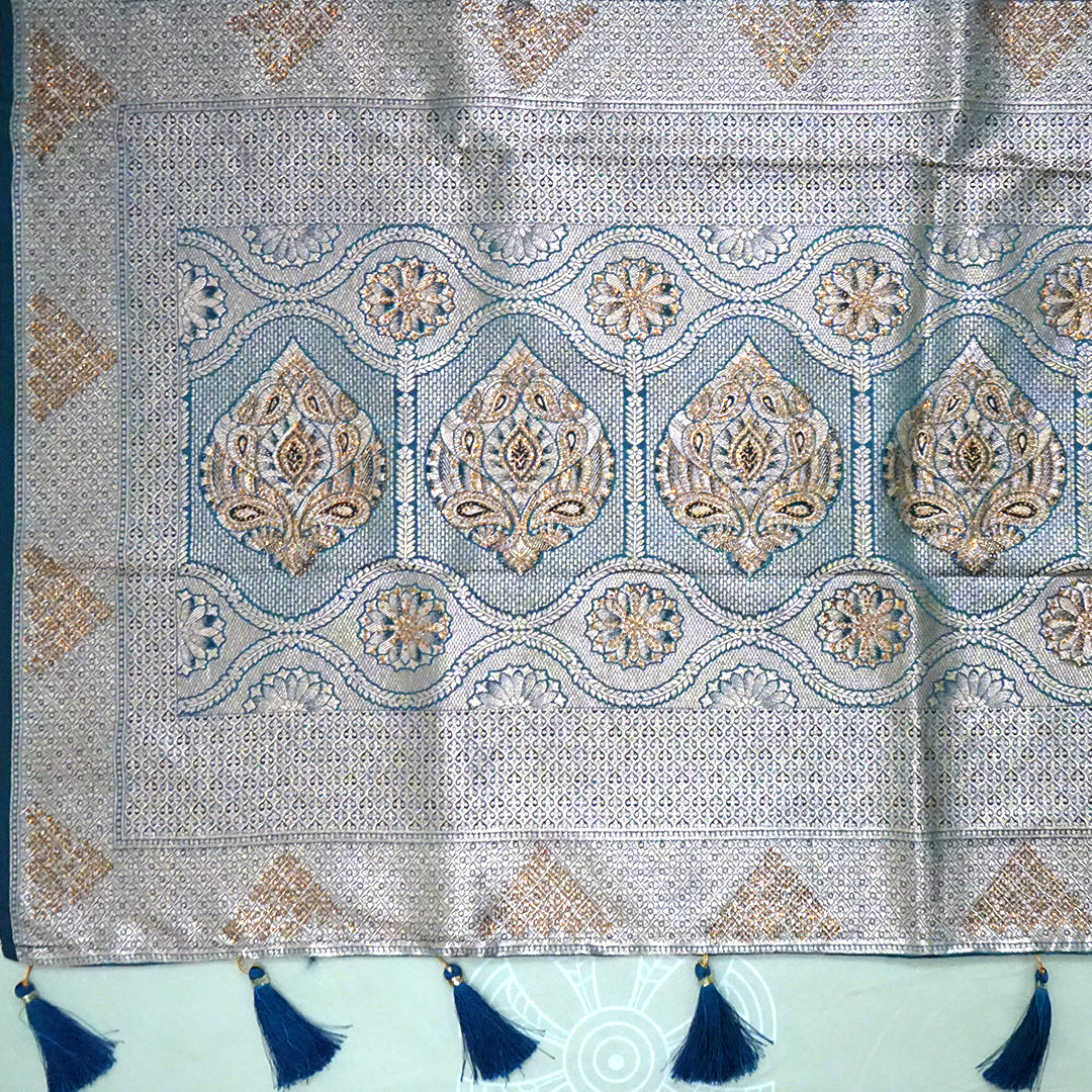 Teal Madhur Sangam silk saree with Gold Zari