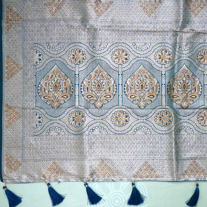 Teal Madhur Sangam silk saree with Gold Zari