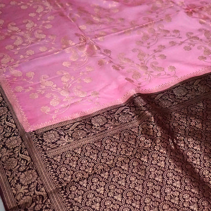Soft Rose Mahalakshmi Viscose silk saree with Deep Maroon contrast