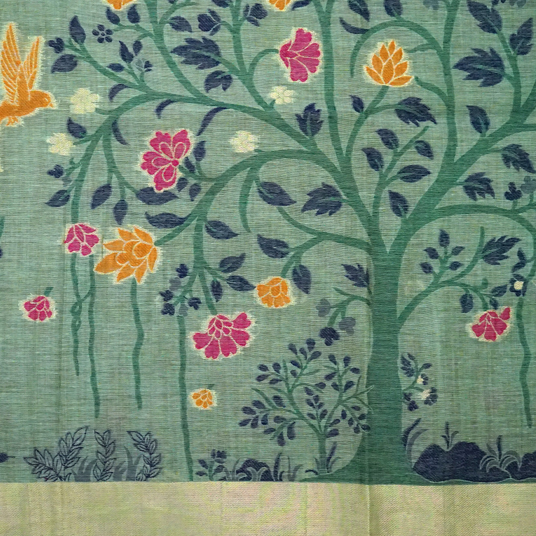 Varnica Tussar Soft pastel green shade with a subtle golden shimmer