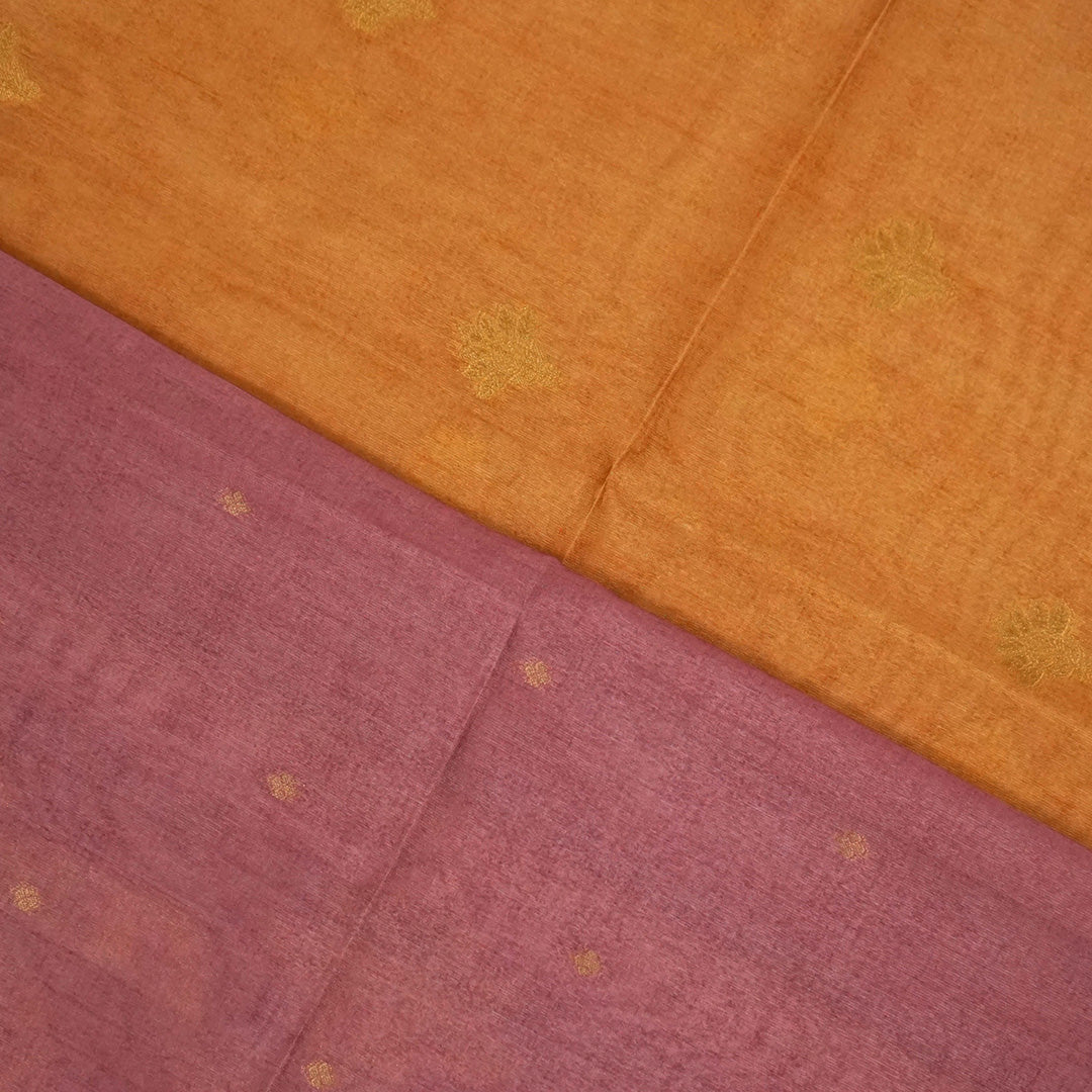 Golden Amber Ambari Silk Saree with Dusky Mauve border and Zari works.