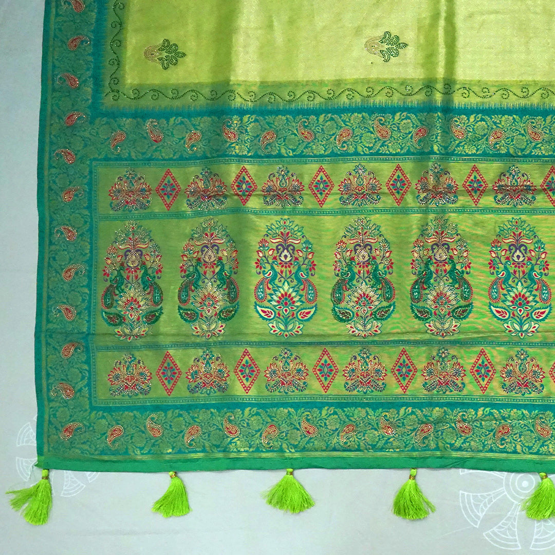 Silk Tulasi in Radiant Light Green with Teal Blue border
