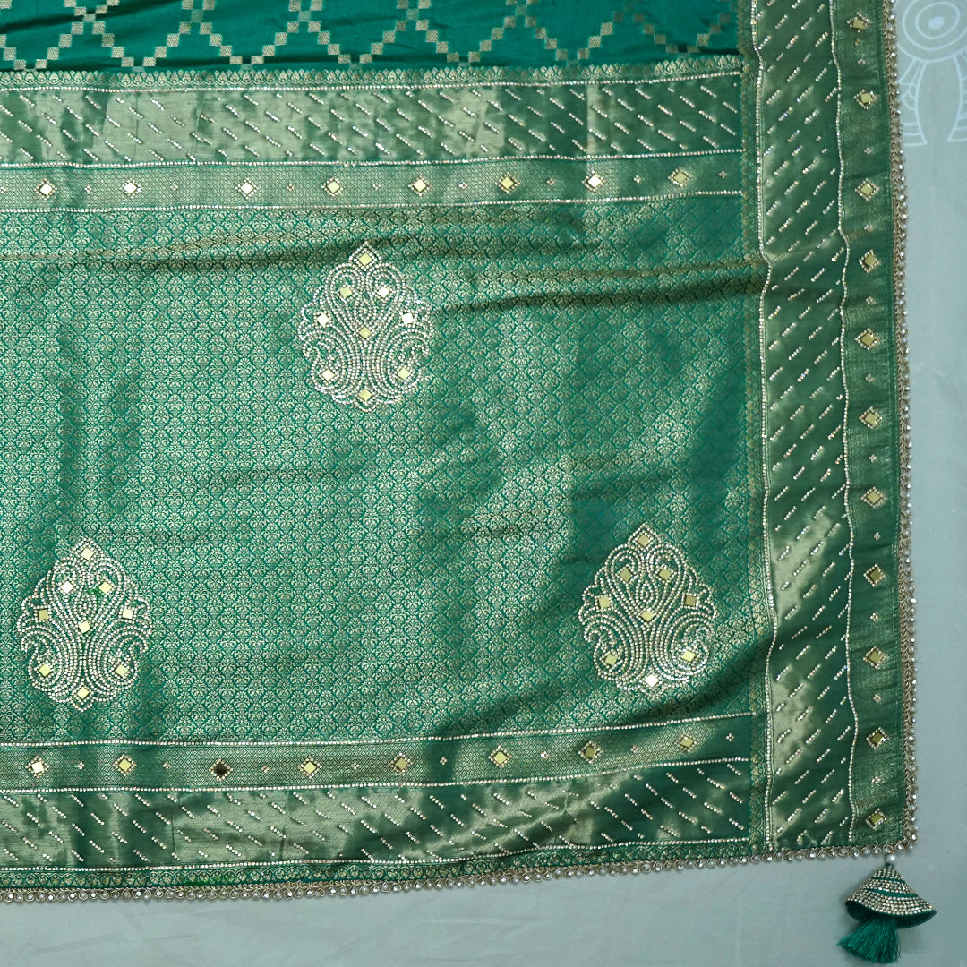 Samrudhi silk saree in vibrant combination of emerald green and lime green with a lustrous Banarasi silk finish.