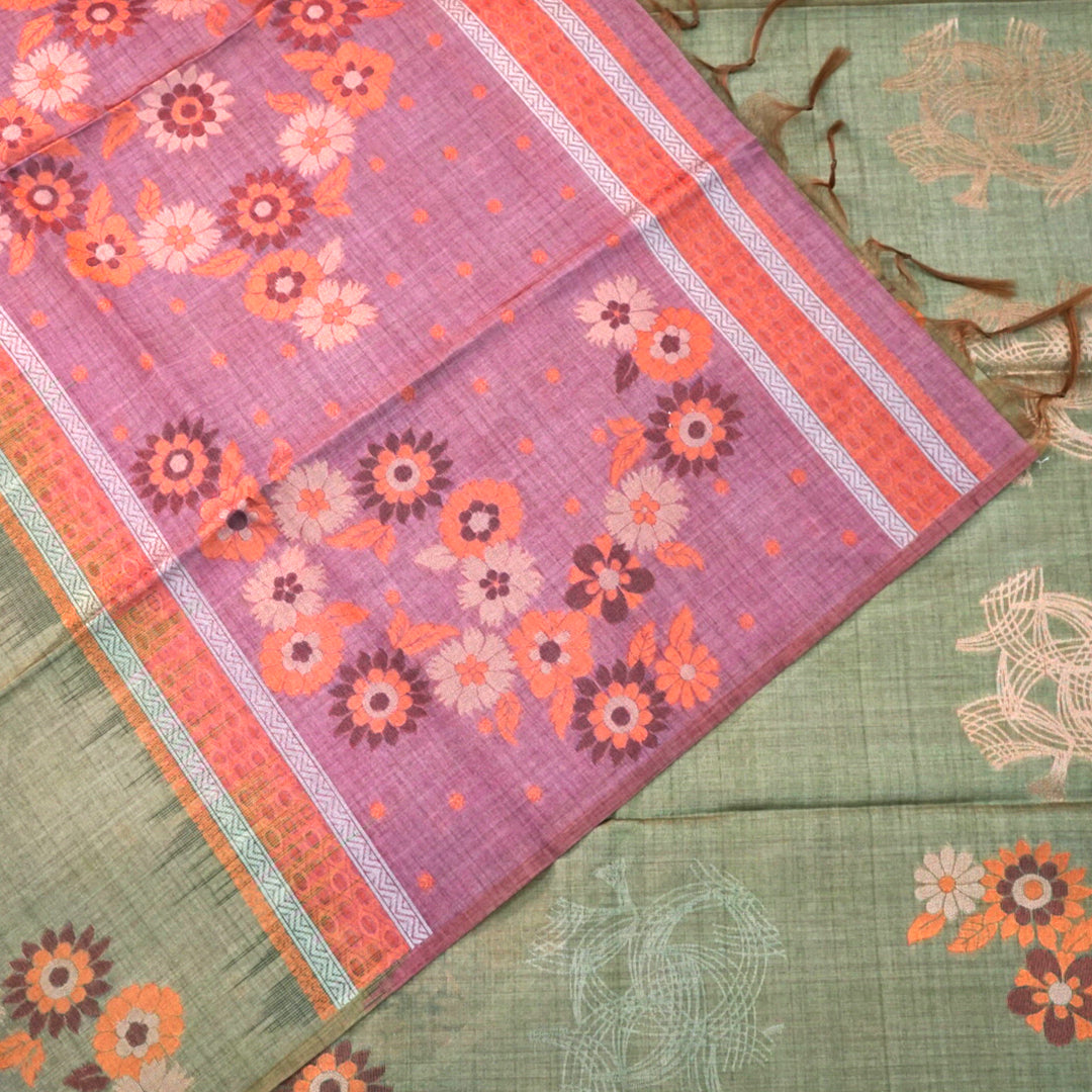 Olive green Palayam Silk Tussar with Copper and Mauve border