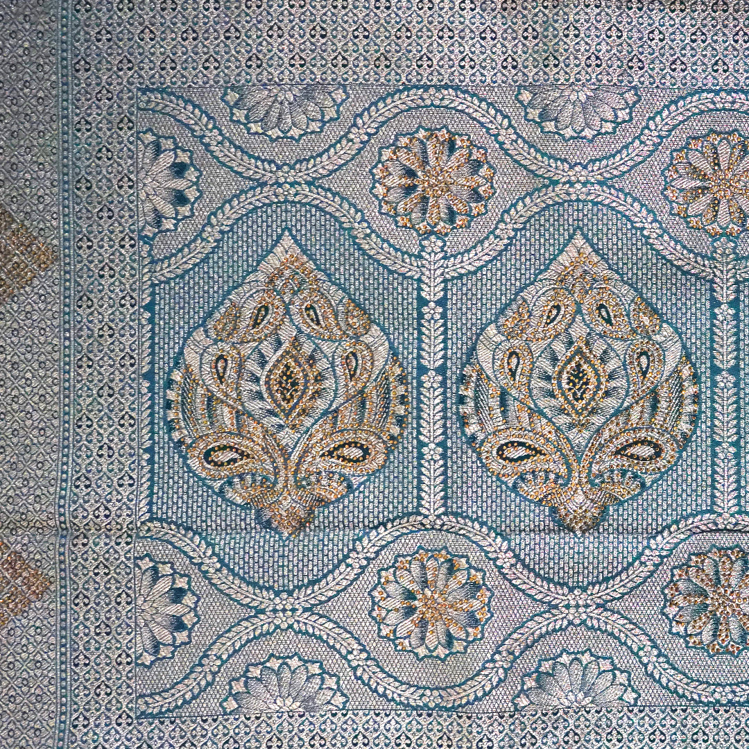 Teal Madhur Sangam silk saree with Gold Zari