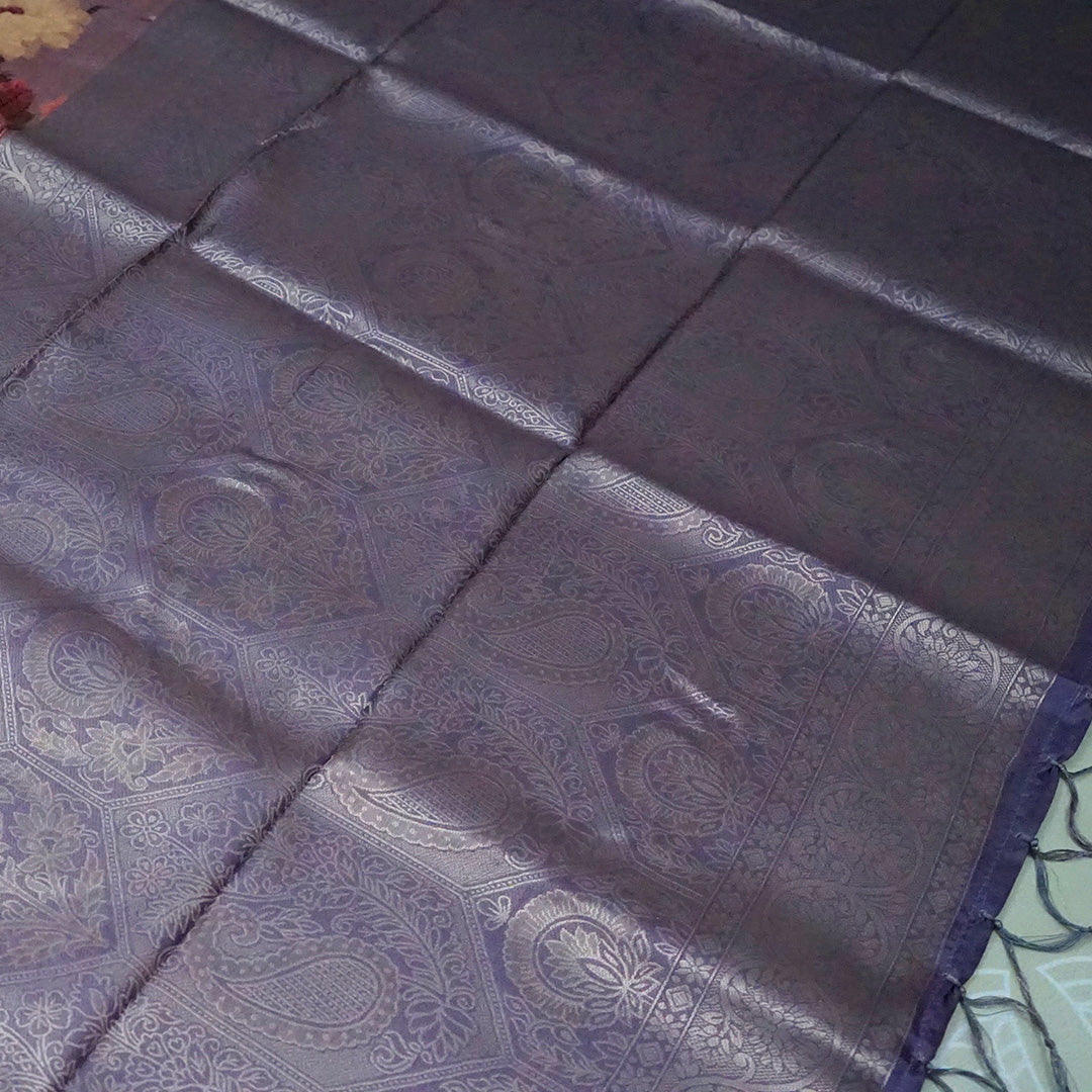 Silk Satin Soft lavender-grey shade with a floral pattern in hues of cream, beige, and deep mauve.