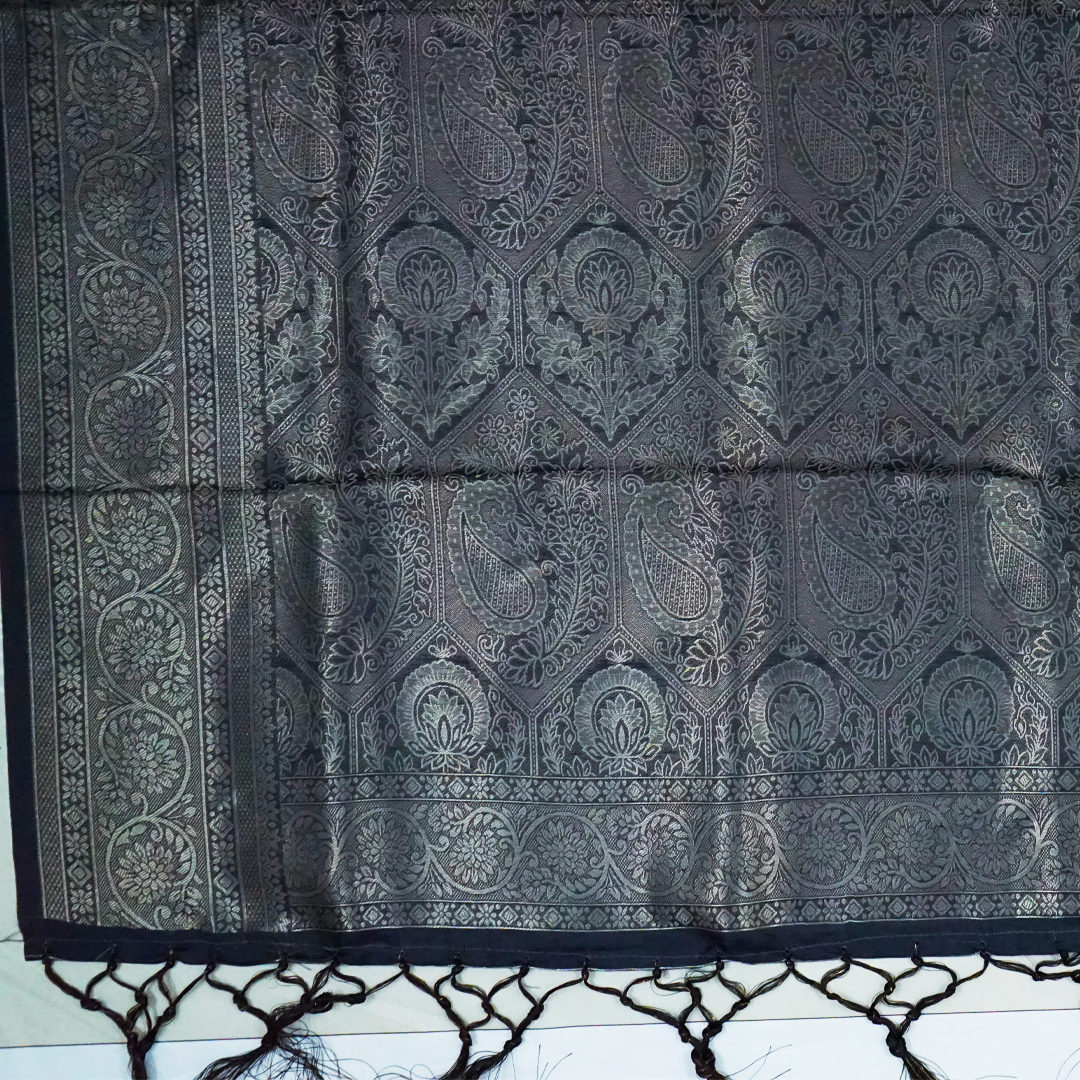 Silk Satin Deep olive green shade with a subtle metallic sheen with black tassel edges