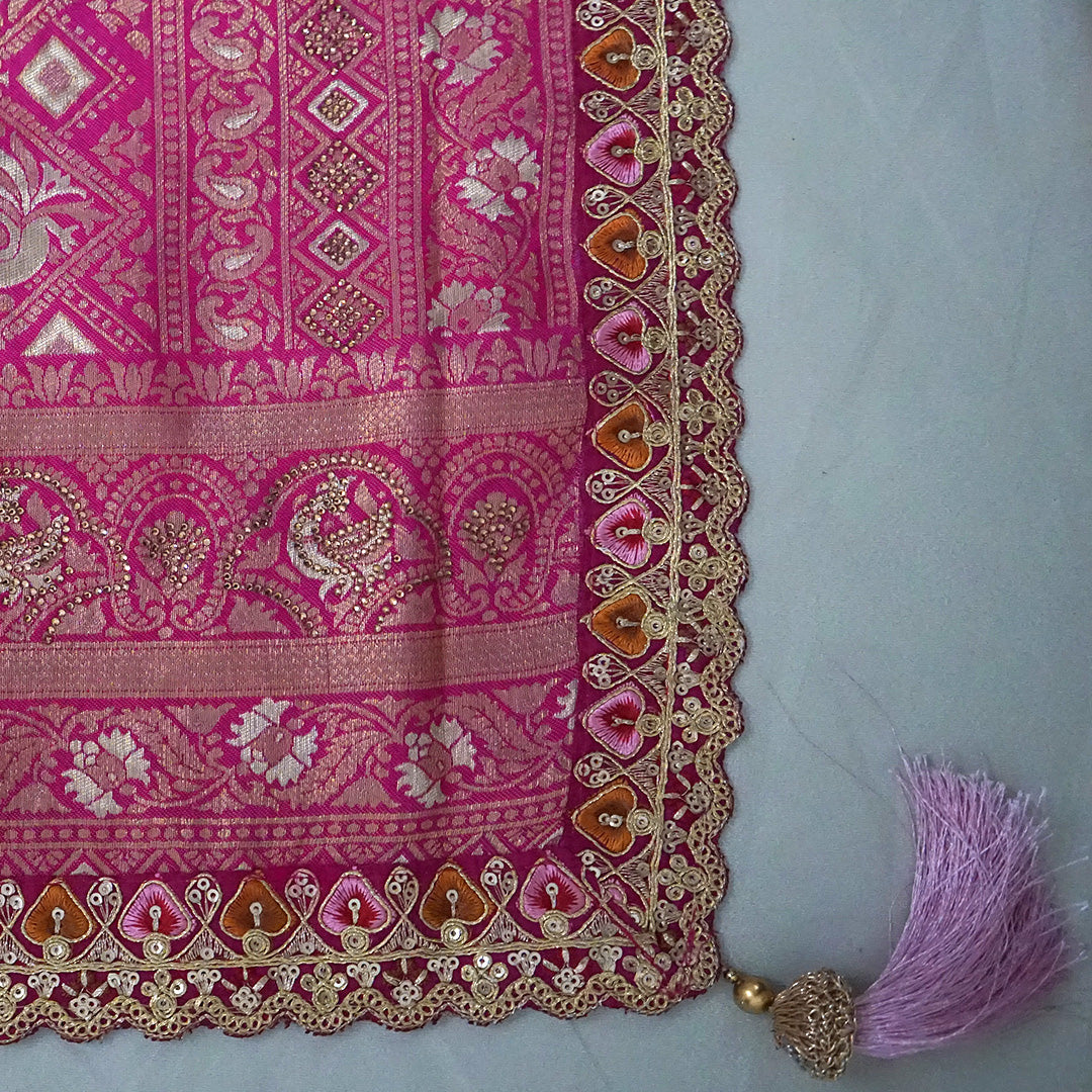 Royal lavender-pink Raj Virasat silk saree with floral motifs and zari works