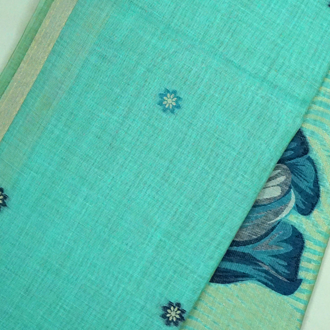 Resham Tussar in aqua blue linen-cotton base
