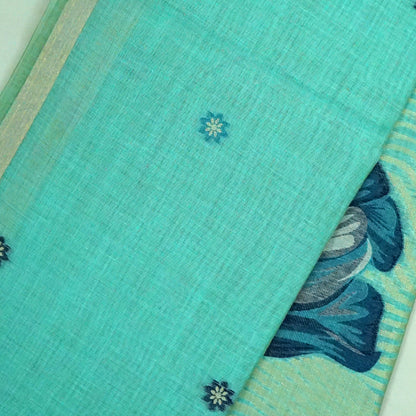 Resham Tussar in aqua blue linen-cotton base