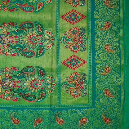 Silk Tulasi in Radiant Light Green with Teal Blue border