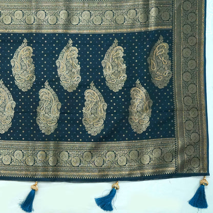 Tarani Silk saree in deep navy blue shade with a rich golden zari weave.