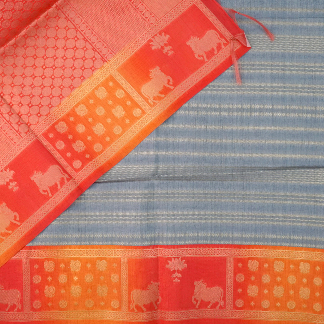 Subtle Grey Gokul Tussar with Red and Orange border.