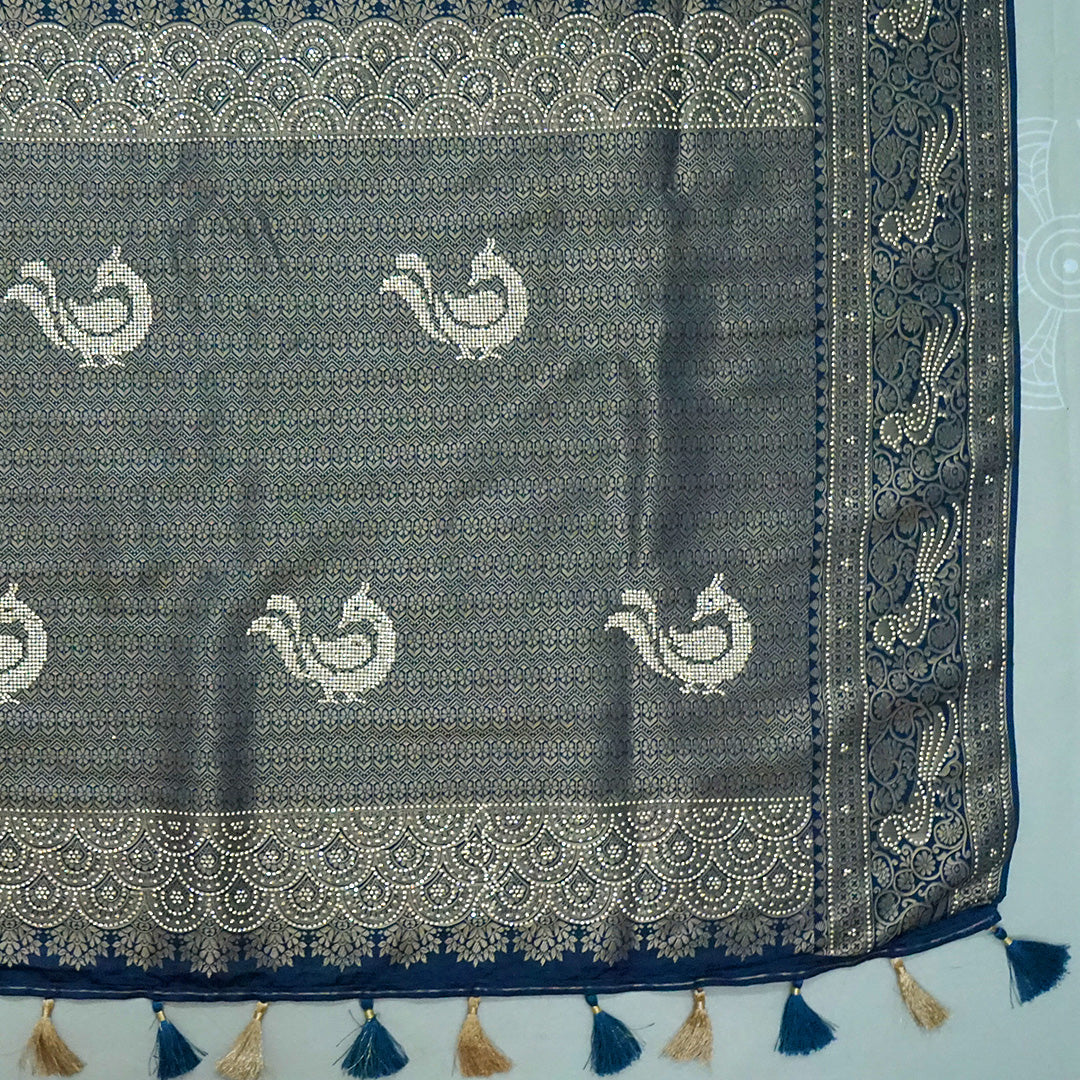 Royal Ratha Banarasi Silk in rich royal blue shade, beautifully complemented with silver zari motifs
