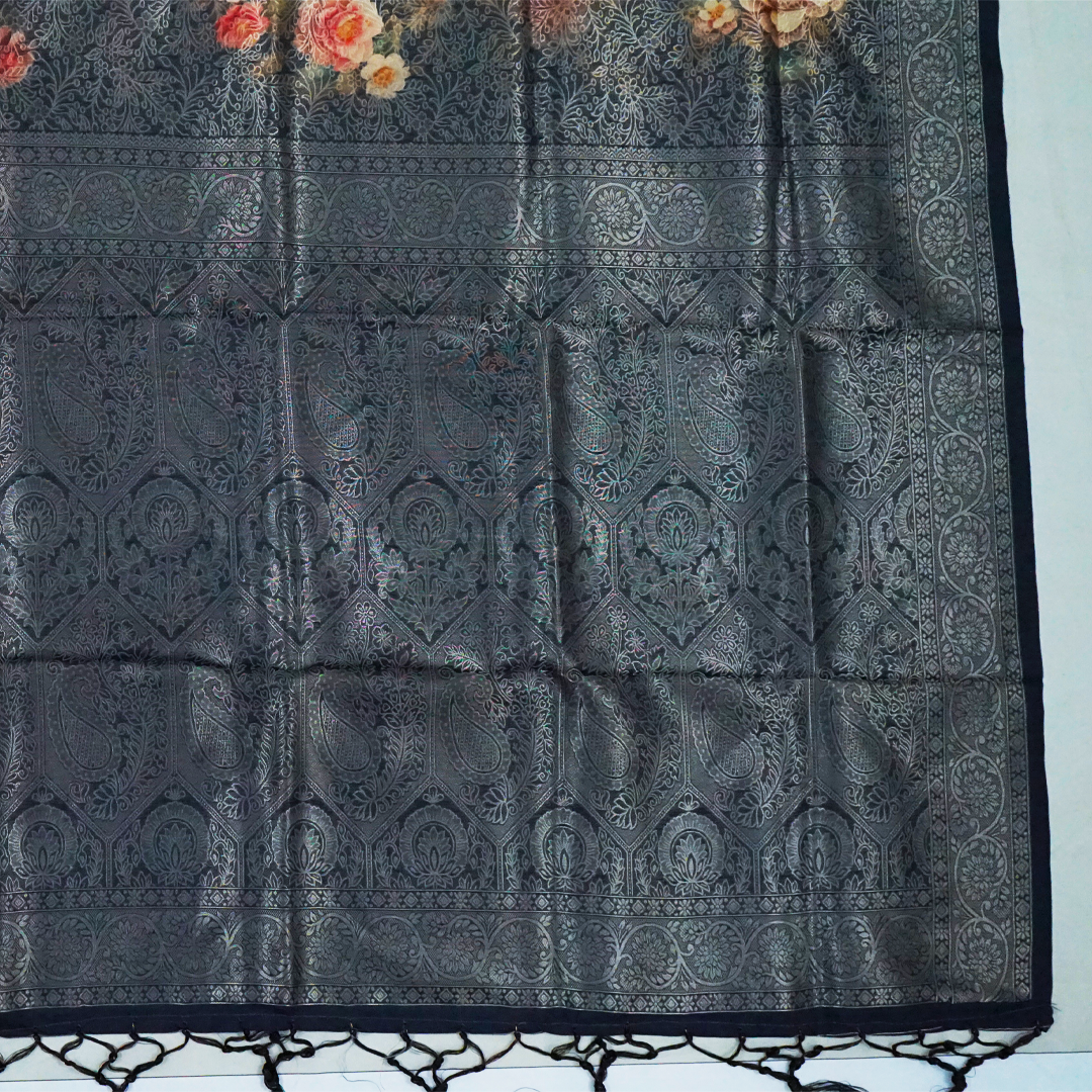 Silk Satin Deep olive green shade with a subtle metallic sheen with black tassel edges