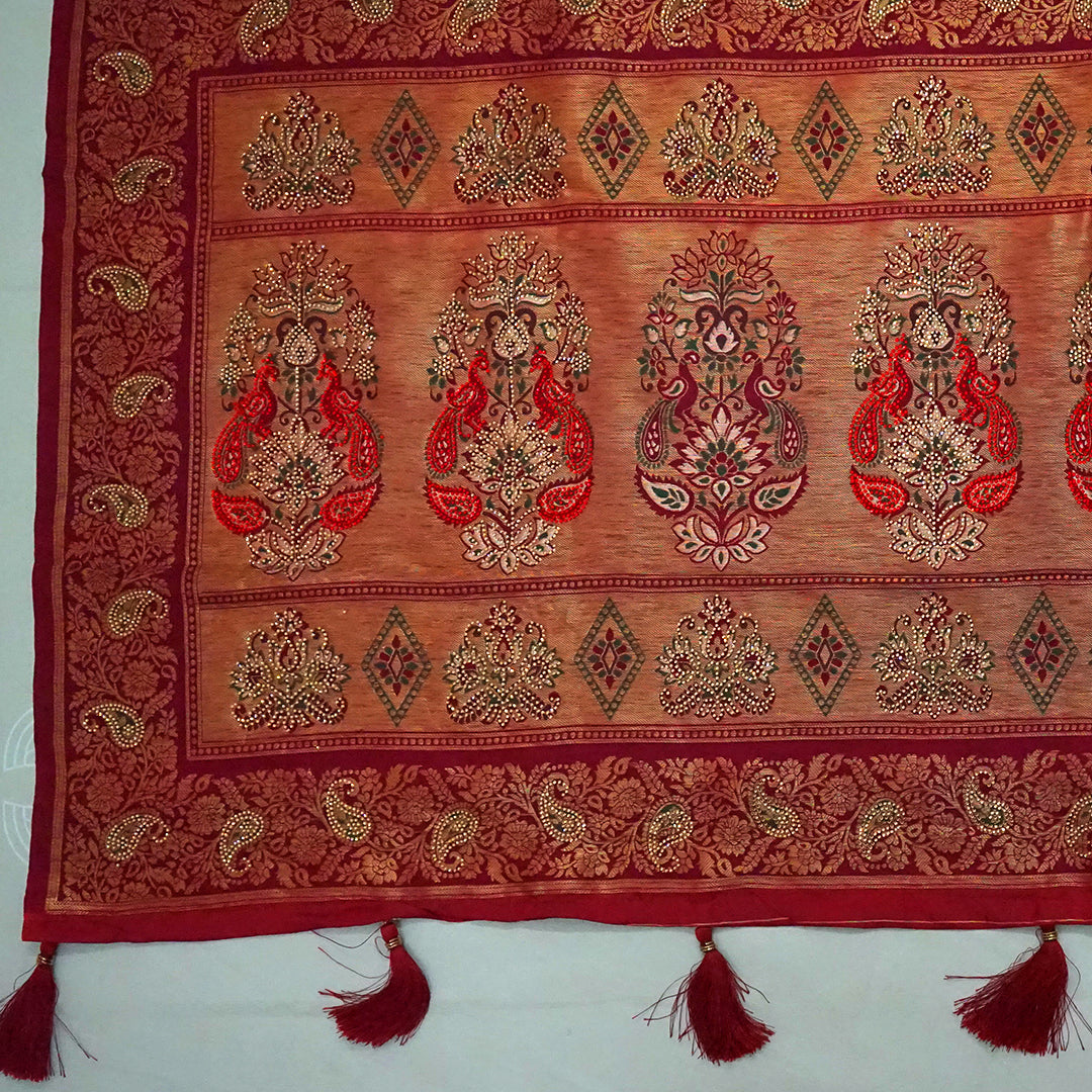 Silk Tulasi in Peach - Gold base with Rich Maroon border