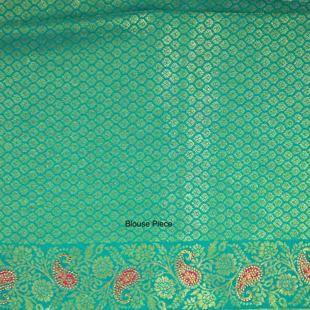 Silk Tulasi in Radiant Light Green with Teal Blue border