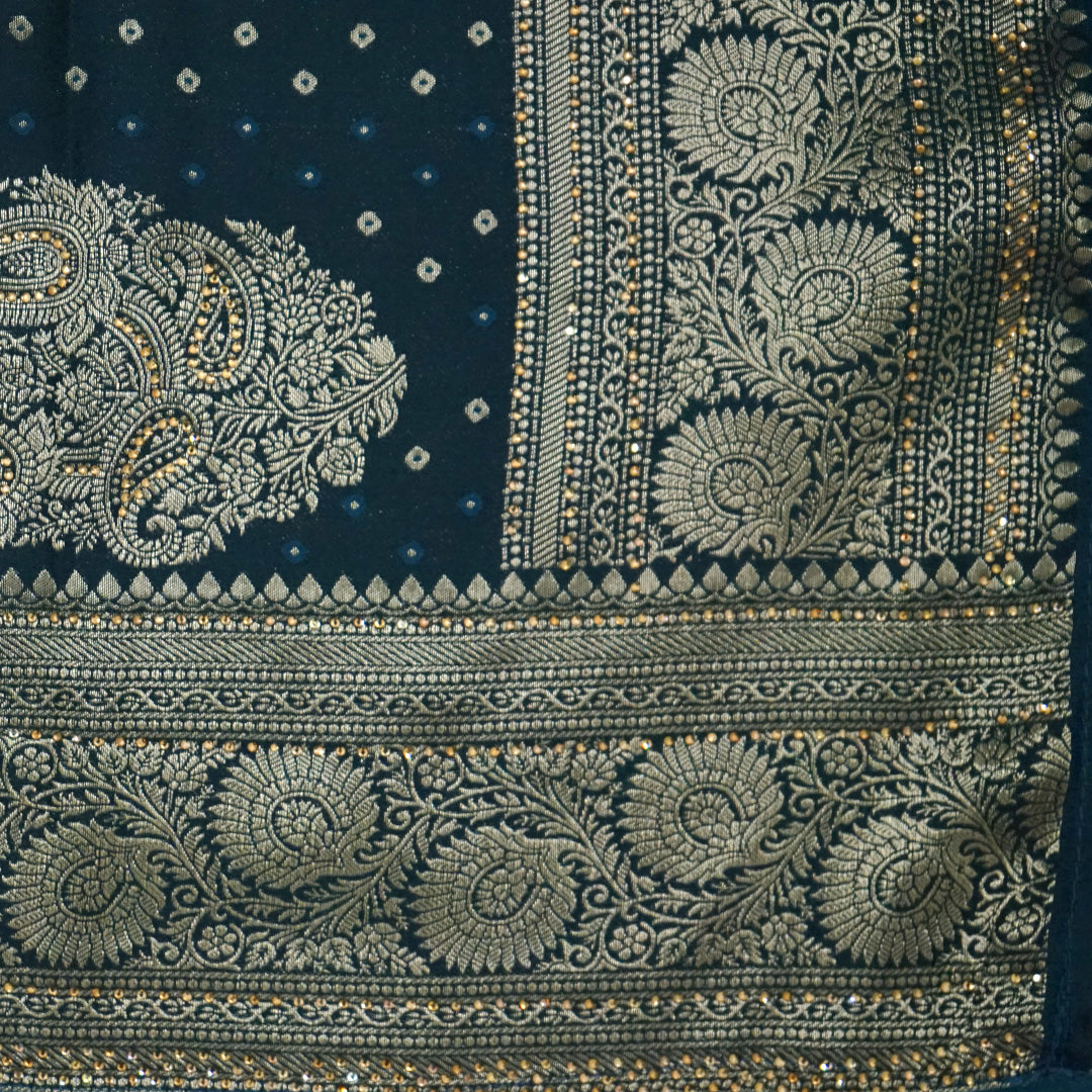Tarani Silk saree in deep navy blue shade with a rich golden zari weave.