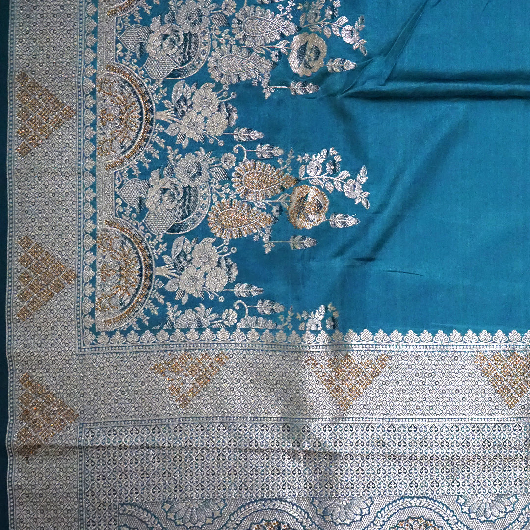 Teal Madhur Sangam silk saree with Gold Zari