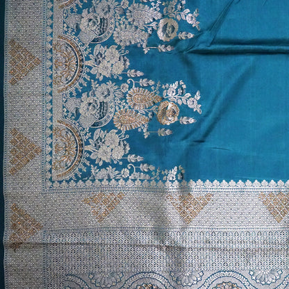 Teal Madhur Sangam silk saree with Gold Zari