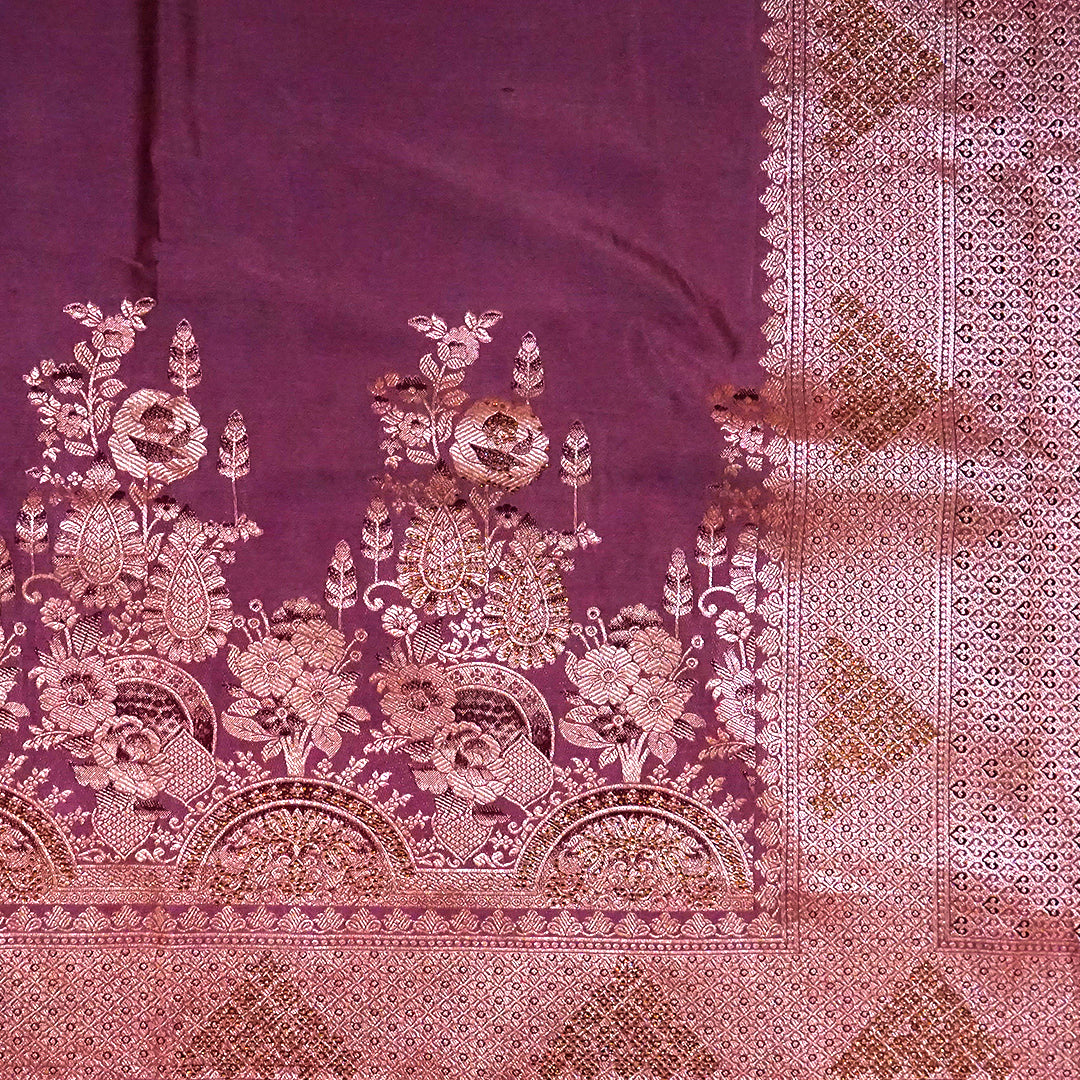 Deep Wine Madhur Sangam Silk saree with Gold and Copper Zari