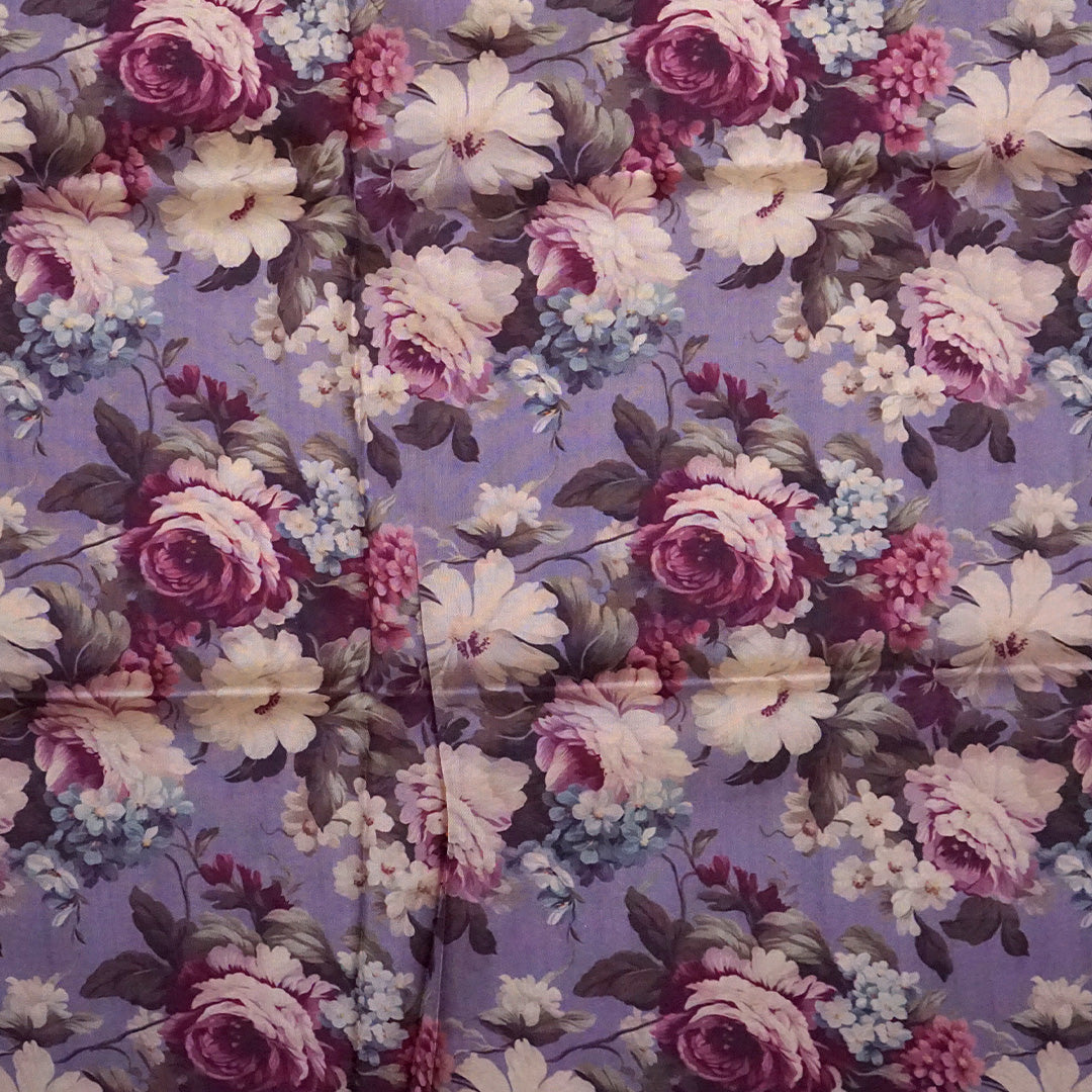Silk Satin Soft lavender-grey shade with a floral pattern in hues of cream, beige, and deep mauve.