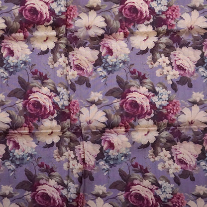 Silk Satin Soft lavender-grey shade with a floral pattern in hues of cream, beige, and deep mauve.