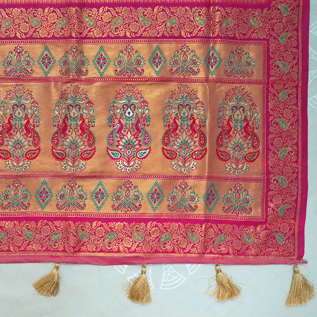 Silk Tulasi in Golden Beige Base with a Vibrant Pink border