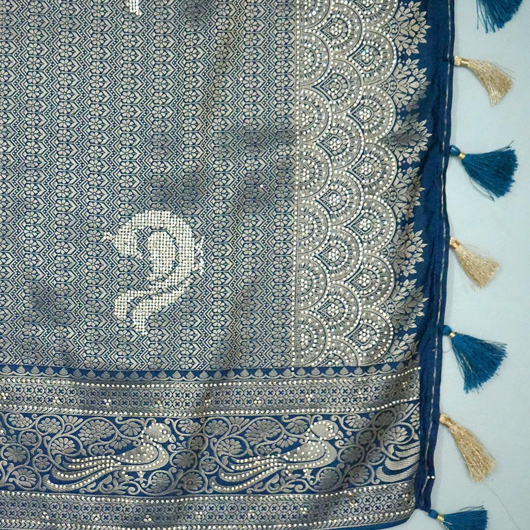 Royal Ratha Banarasi Silk in rich royal blue shade, beautifully complemented with silver zari motifs