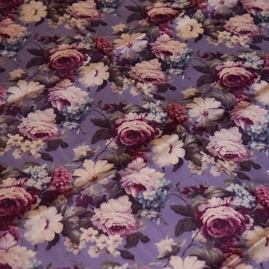 Silk Satin Soft lavender-grey shade with a floral pattern in hues of cream, beige, and deep mauve.