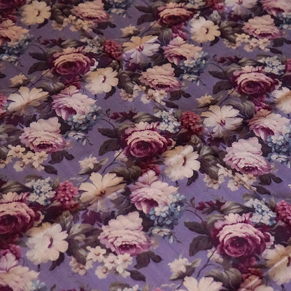 Silk Satin Soft lavender-grey shade with a floral pattern in hues of cream, beige, and deep mauve.