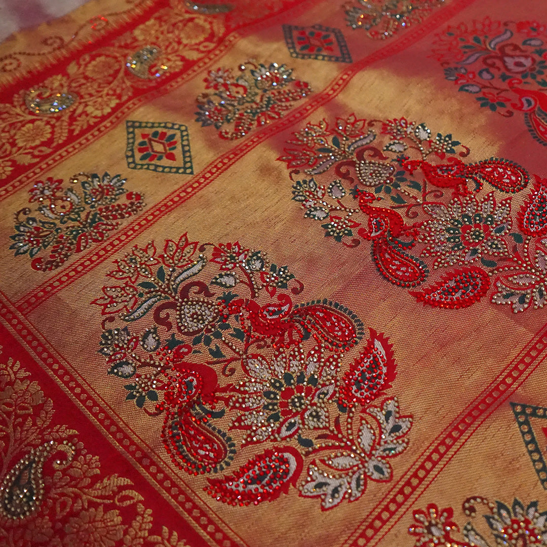 Silk Tulasi in Peach - Pink Base with Vibrant Red border