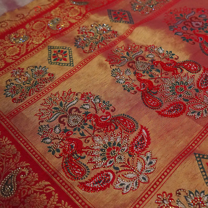 Silk Tulasi in Peach - Pink Base with Vibrant Red border