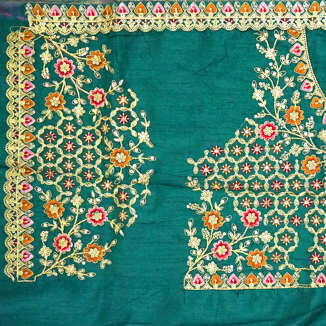 Peach-orange Raj Virasat Silk saree with Deep purple base and heavy embroidery.