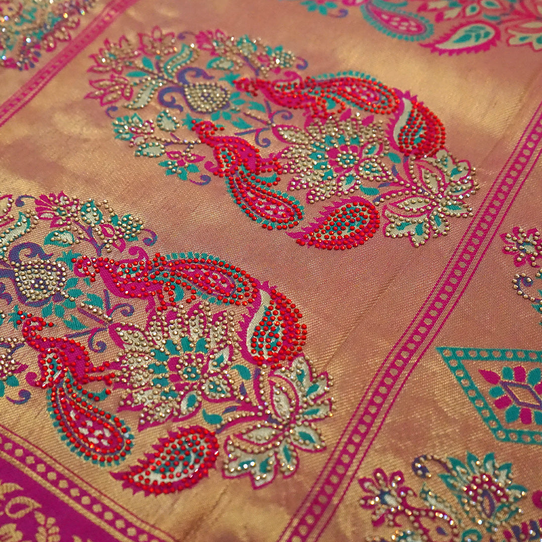 Silk Tulasi in Golden Beige Base with a Vibrant Pink border