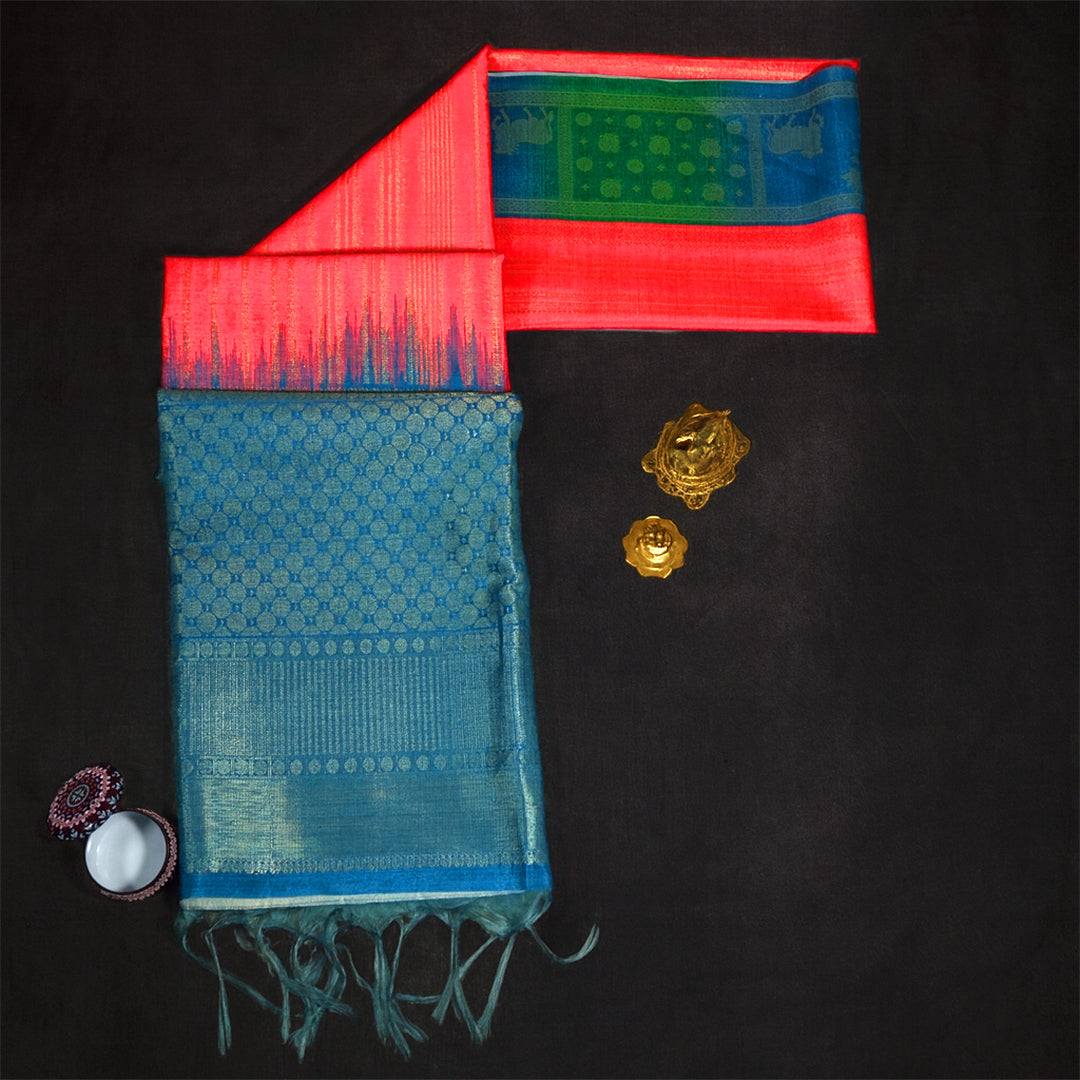 Coral Pink Gokul Tussar with Blue and Green border
