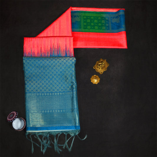 Coral Pink Gokul Tussar with Blue and Green border