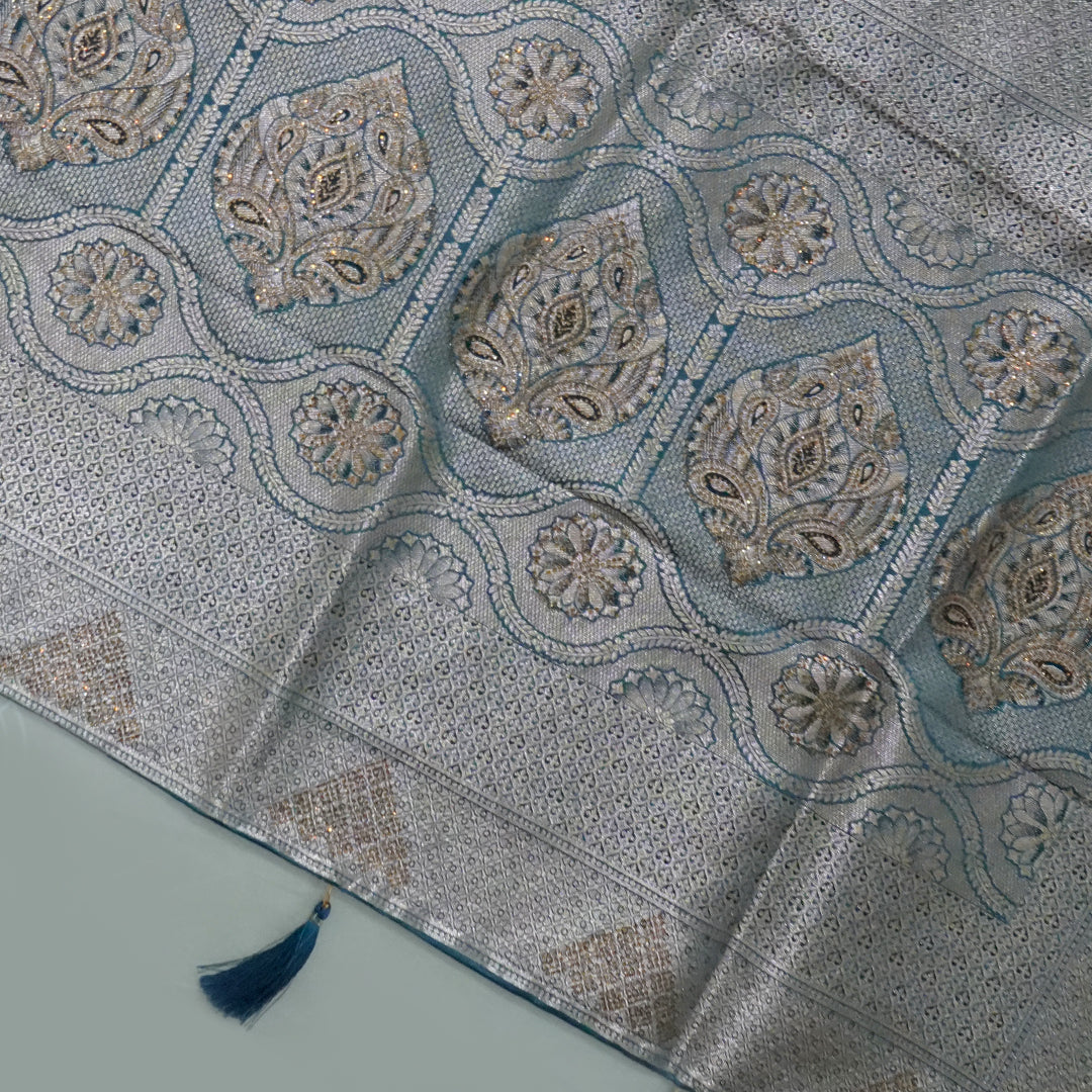 Teal Madhur Sangam silk saree with Gold Zari