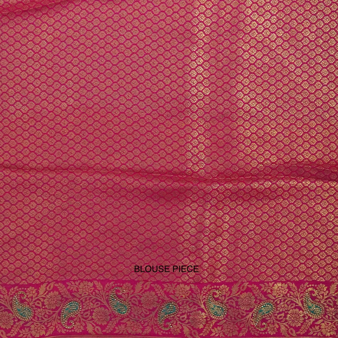Silk Tulasi in Golden Beige Base with a Vibrant Pink border
