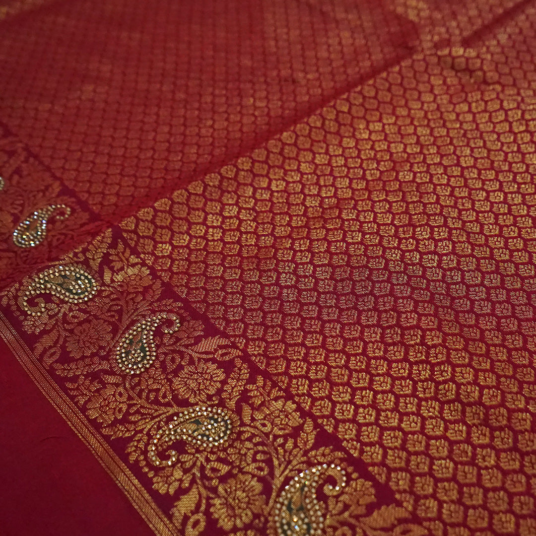 Silk Tulasi in Peach - Gold base with Rich Maroon border